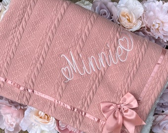 Personalised Baby Blanket Knitted Bow Detail Sherpa Reverse Embroidered Heart Name Newborn Gift