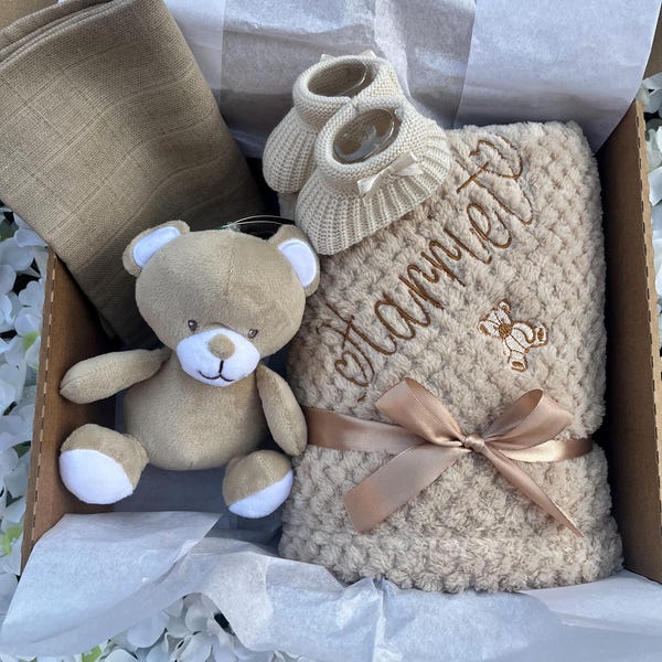Personalised Baby Blanket gift Set Box Teddy Bear Toy Muslin Cloth Bootees
