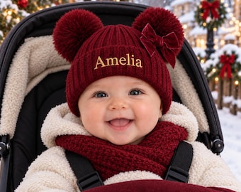 Personalised baby hat winter pom poms knitted with velvet bow embroidered name burgundy gift 0-12 months