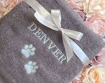 Personalised Dog Towel Bath Time Puppy gift Muddy Paws Walks Embroidered Grey