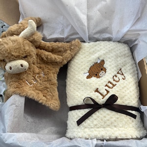 Personalised Baby Blanket Gift Box Highland Cow Comfort Toy Embroidered Newborn Baby Shower bild 1