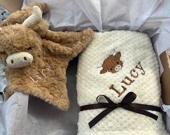 Personalised Baby Blanket Gift Box Highland Cow Comfort Toy Embroidered Newborn Baby Shower