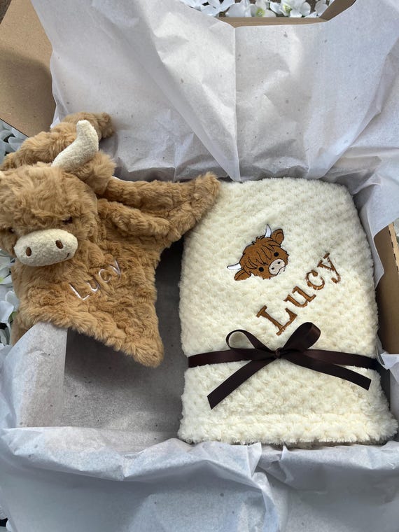 Personalised Baby Blanket Gift Box Highland Cow Comfort Toy Embroidered Newborn Baby Shower