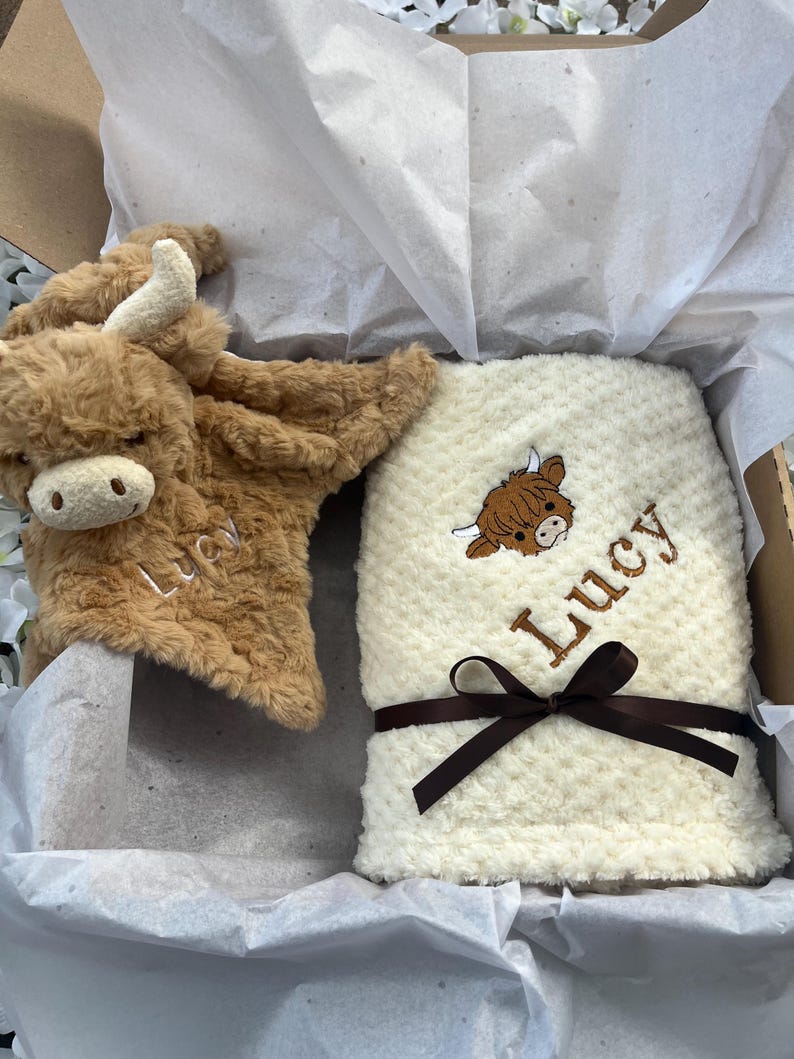 Personalised Baby Blanket Gift Box Highland Cow Comfort Toy Embroidered Newborn Baby Shower bild 1