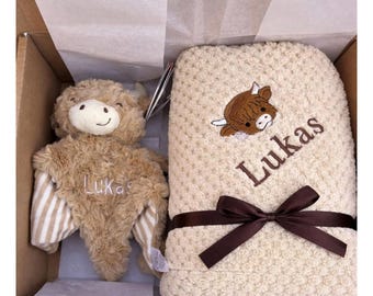 Personalised baby blanket gift set highland cow comforter toy embroidered name