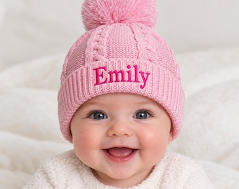 Personalised baby girl hat winter pom knitted embroidered name pink gift 0-12 months