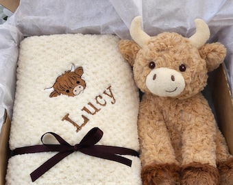 Personalised baby blanket gift set highland cow toy newborn baby shower
