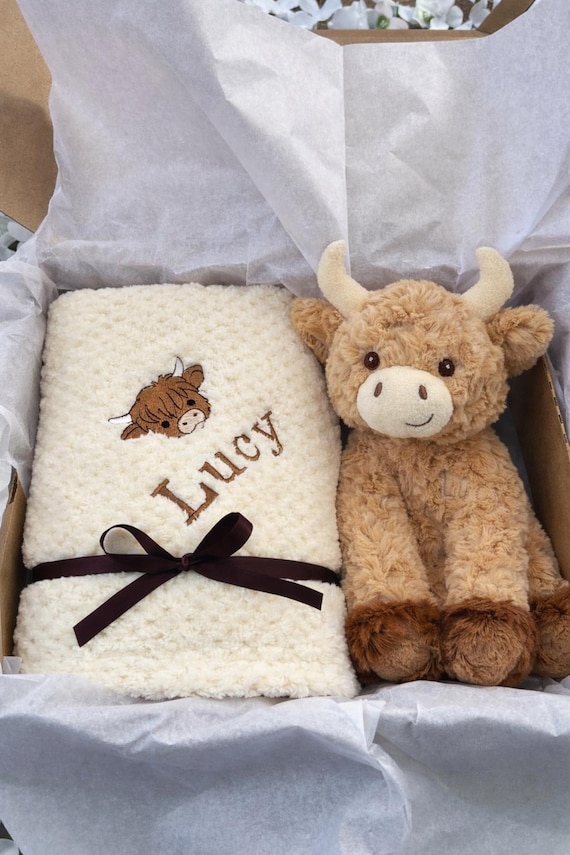 Personalised baby blanket gift set highland cow toy newborn baby shower