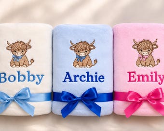 Personalised baby blanket highland cow newborn baby shower gift embroidered name