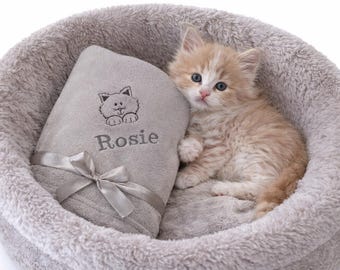 Personalised Cat Kitten Blanket Embroidered Name bed