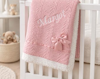 Personalised Baby Blanket Embroidered name knitted with bow newborn gift