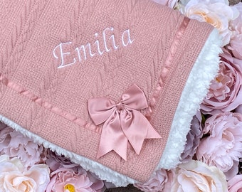 Personalised Baby Blanket Knitted With Bow Sherpa Reverse Newborn Boy Girl Unisex Gift