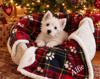 Personalised dog blanket throw christmas gift embroidered red tartan