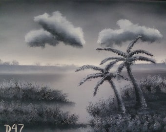 Original landscape painting, oil painting, Florida painting, marsh flat, Everglades painting, black and white oil painting, palm tree