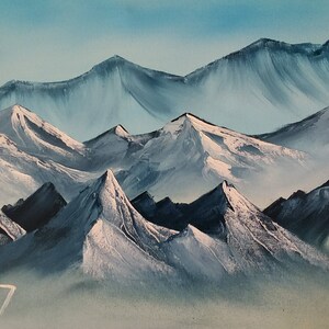 Original oil painting, landscape oil painting, oil painting mountains, oil painting mountains Alaska, snow capped mountains, blue mountains