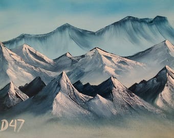 May include: A painting of a mountain range with a blue sky in the background. The mountains are painted in shades of blue, white, and gray. The painting is signed "D47" in the lower left corner.
