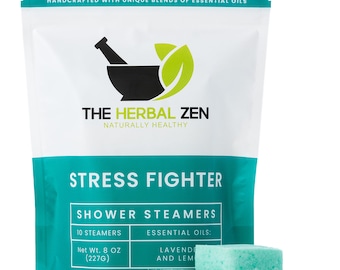 May include: A white bag with a green leaf and mortar and pestle logo. The bag says "The Herbal Zen Naturally Healthy" and "Stress Fighter Shower Steamers". The bag contains 10 shower steamers with lavender and lemon essential oils. The bag also says "Net Wt. 8 oz (227g)".