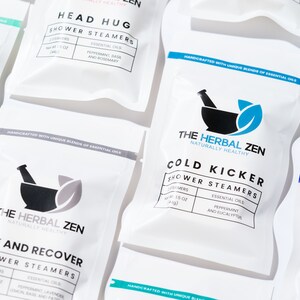 May include: A variety of white, resealable pouches with black text and graphics. The pouches contain shower steamers with different scents and essential oils. The text on the pouches includes "The Herbal Zen", "Naturally Healthy", "Head Hug", "Cold Kicker", "Rise and Recover", "Citrus Mint", "Stress Relief", "Sleep", and "Shower Steamers".