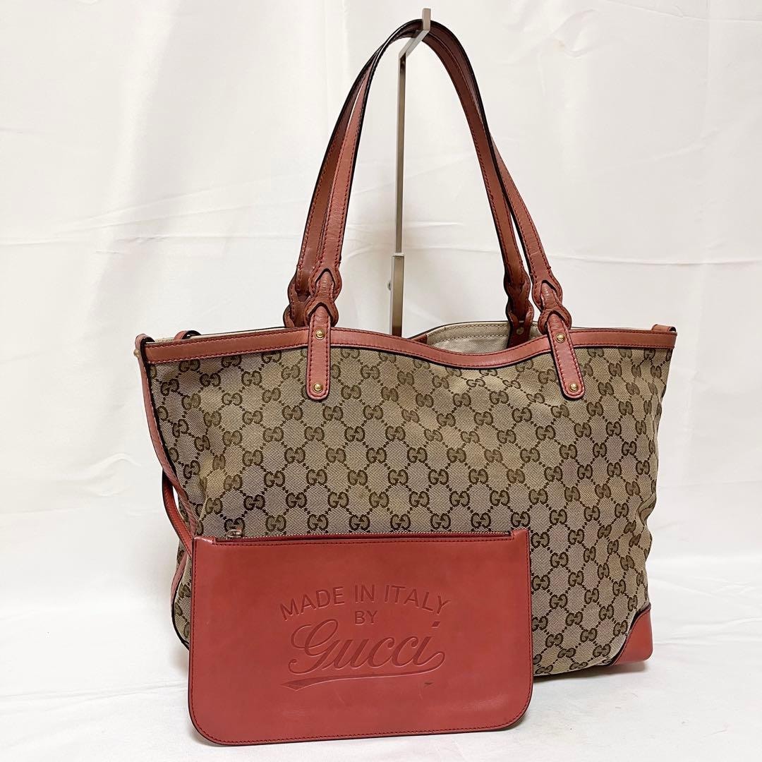 バッグ GUCCI GG Canvas Tote Bag Red Leather Auth GUCCI Tote Bag GG Canvas Leather Beige Reddish Brown 247209