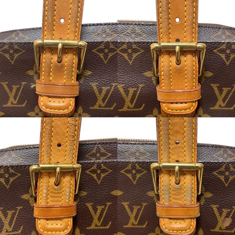 Może przedstawiać: Zbliżenie brązowej torebki ze złotymi klamrami i sk&oacute;rzanymi paskami w kolorze opalenizny. Torba ma powtarzający się wz&oacute;r brązowych logo na brązowym tle. Sk&oacute;rzane paski noszą ślady użytkowania.