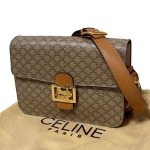 Auth Celine Shoulder bag carriage hardware Gold macadam PVC Leather beige vintage Used