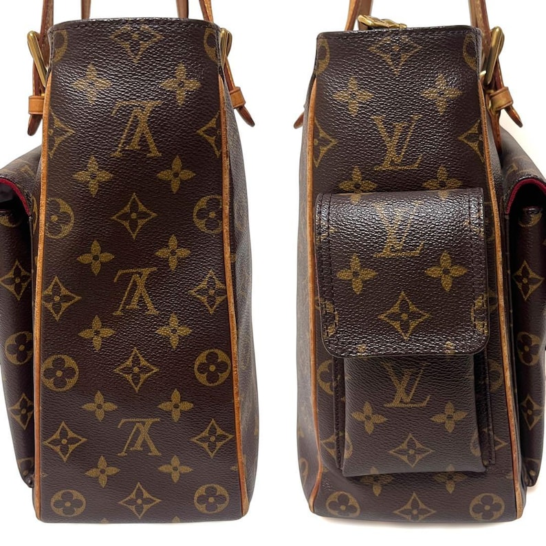 Może przedstawiać: Brązowa torba typu tote z monogramem z pł&oacute;tna z wykończeniem ze sk&oacute;ry i przednią kieszenią. Torba ma kultowy wz&oacute;r przeplatającego się logo LV. Torba ma strukturalny kształt i g&oacute;rny uchwyt.