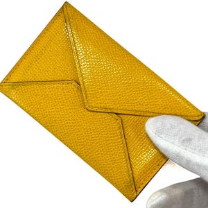 Auth HERMES Card Case Envelope Leather Yellow G Stamp Used