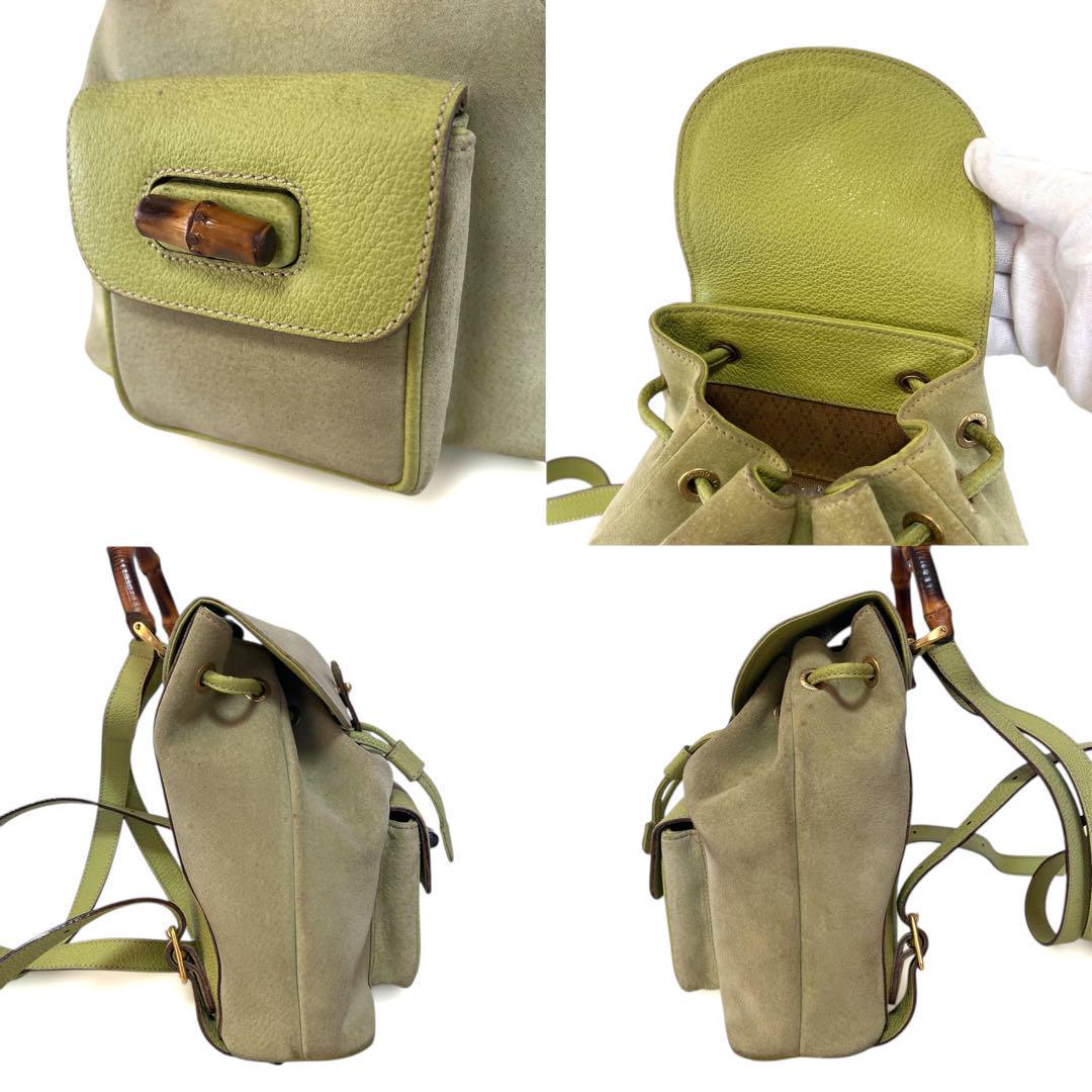Auth GUCCI Bamboo Backpack Suede Light Green Lime 003・1705  display picture 2