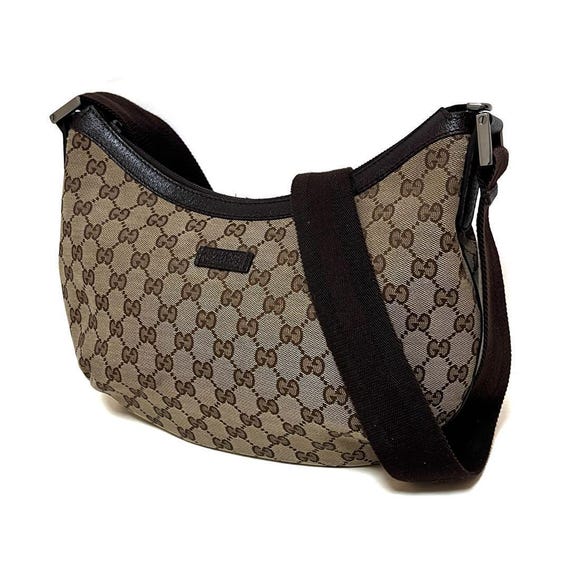 Auth GUCCI GG Canvas Shoulder Bag Beige and Brown Half Moon Design