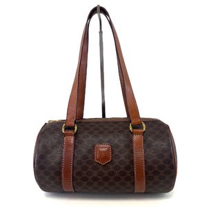 Auth CELINE Mini Boston Bag Handbag Macadam PVC Leather Brown M94 Vintage Used