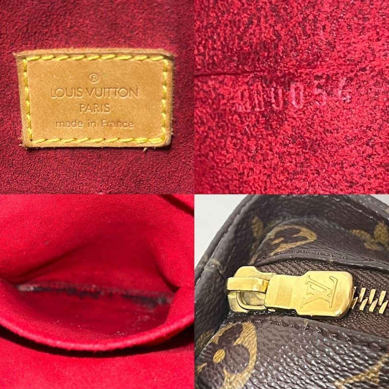 Może przedstawiać: Zbliżenie wnętrza luksusowej torebki, z czerwoną podszewką i sk&oacute;rzaną metką z wytłoczonym złotem "LOUIS VUITTON PARIS made in France". Obraz pokazuje r&oacute;wnież złoty zamek błyskawiczny i numer seryjny.