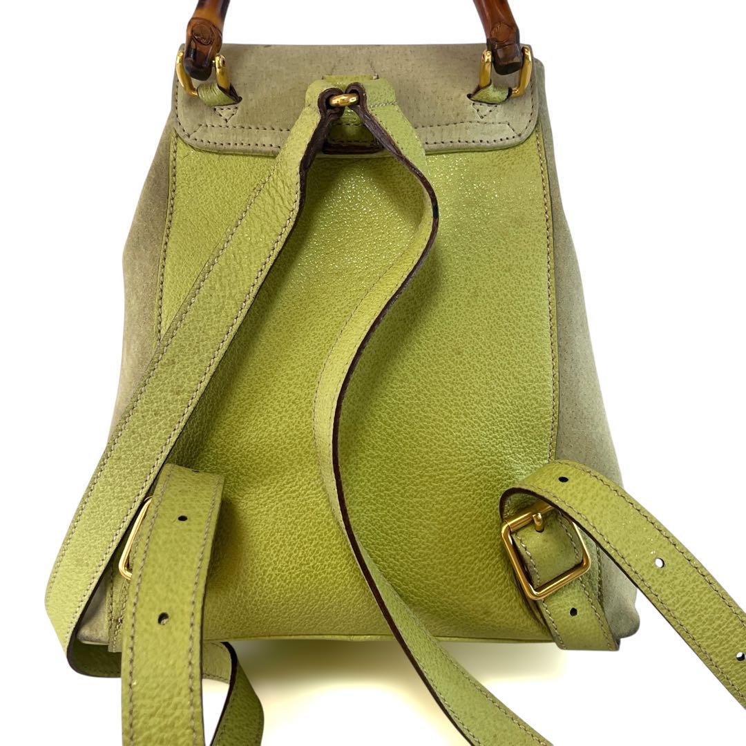Auth GUCCI Bamboo Backpack Suede Light Green Lime 003・1705  display picture 2