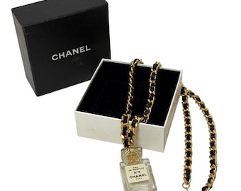 Auth Chanel Perfume Bottle Necklace Perfume Chain Gold Black No. 5 Used