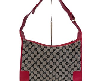 Torba na ramię GUCCI GG z płótna, skórzana, kwadratowa, granatowa, beżowo-czerwona, używana, 001・4205