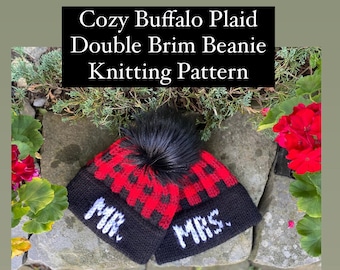 Mr Mrs Cozy Buffalo Plaid Beanie Knitting Pattern / Bonnets assortis à double bord