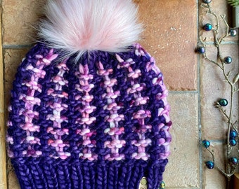 Adult Size Purple Poise Beanie with Pink  Faux Fur Pom / 100% Merino Wool