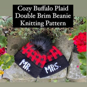 Mr Mrs Cozy Buffalo Plaid Beanie Knitting Pattern / Double Brim Matching Beanies