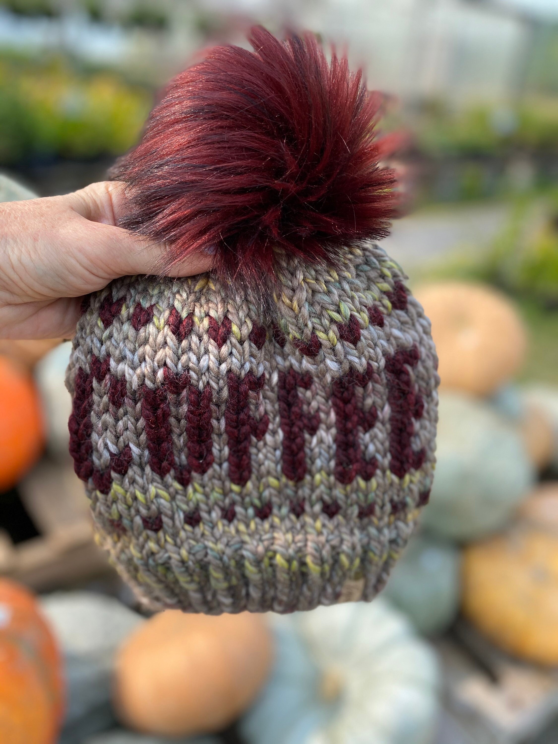 Urban Camo Knit Coffee Beanie with Faux fur pom / Word Beanie Etsy