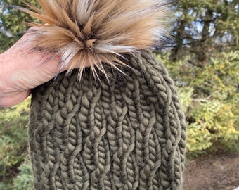 Khaki Olive Ethereal Beanie with Faux Fur Pom / 100% Merino Wool / Adult