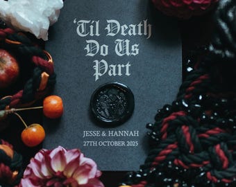 Til Death Arch Black Wedding Invitations with wax seal