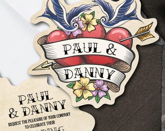 Tattoo Heart Wedding Invitations - cut to shape