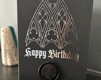 Gothic Arch wax seal birthday card, silver foil on black
