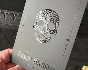 Day of the Dead Skull, Tarot style Birthday card, Black on black