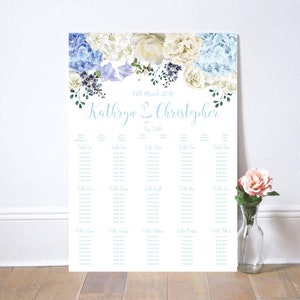 May include: A wedding seating chart featuring a floral design with blue and white hydrangeas and roses. The names "Kathryn & Christopher" are written in a light blue script. The date "17th March 2018" is also displayed.