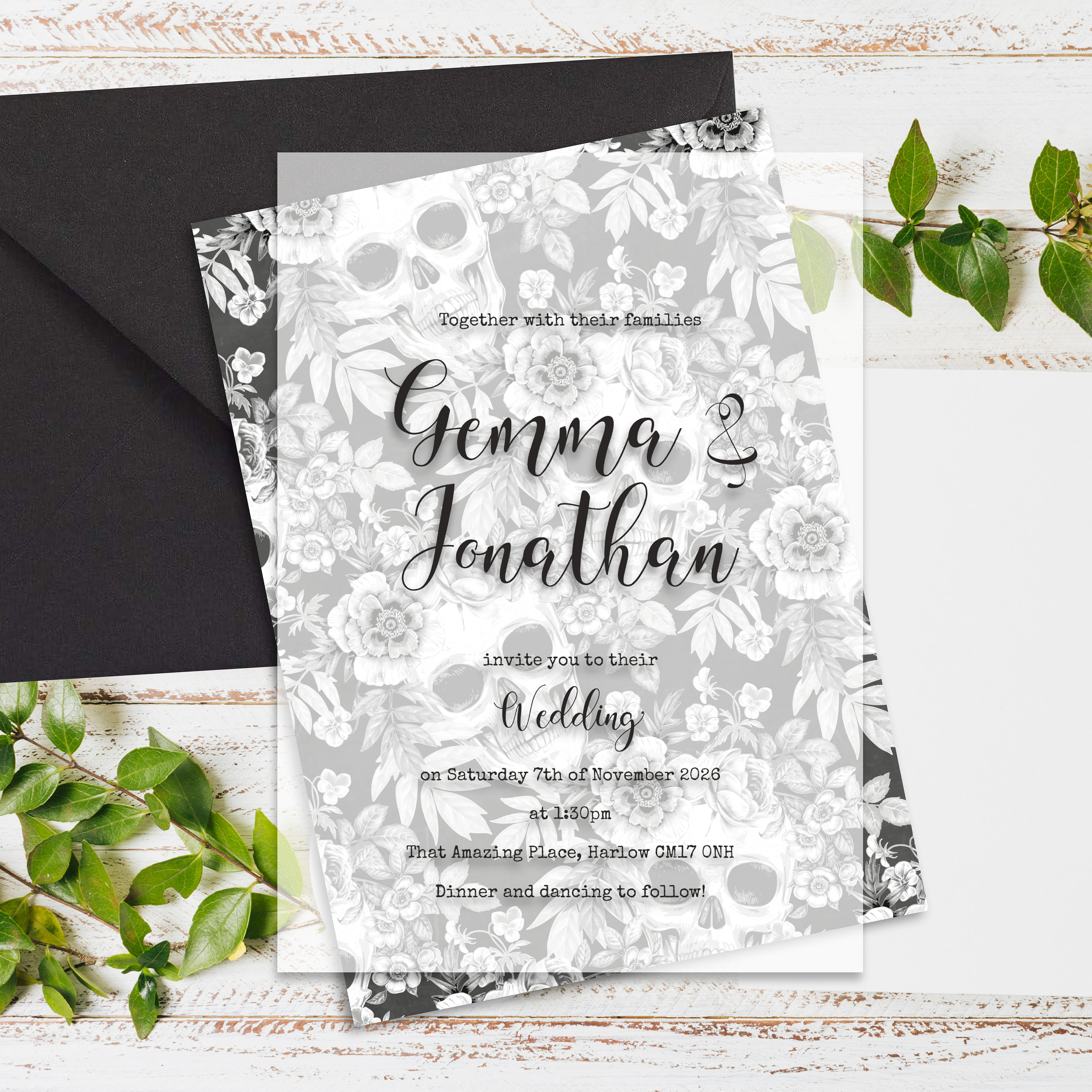 Gothic, skulls, Layered Vellum wedding invitation