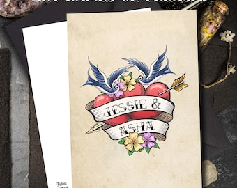 Retro Heart Tattoo style Greetings Card, Personalised