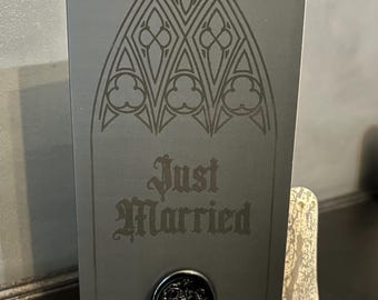 Gothic Arch wax seal Wedding card, black gloss on black background