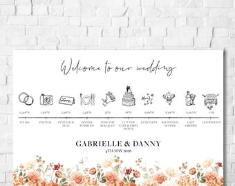 Burnt orange, peach and Ivory Florals Wedding timeline sign