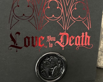 Gothic Arch wax seal greetings card, red foil on black