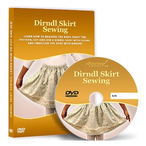 Könnte beinhalten: Eine DVD mit dem Titel "Dirndl Rock Nähen" mit gelbem Hintergrund und einem Bild eines Mädchens, das einen blumigen Dirndlrock trägt. Das DVD-Cover enthält Anweisungen zum Messen, Entwerfen, Schneiden, Nähen und Verzieren eines Dirndlrocks.